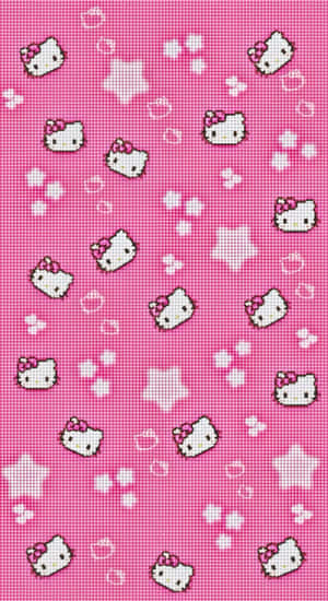 Pink pixel art wallpaper with repeating Hello Kitty faces and stars.