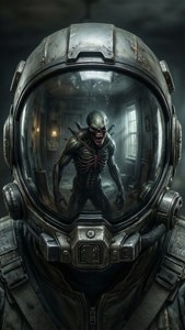 Astronaut in helmet faces horrifying alien in dark hallway. — Dead Space Background