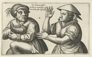 Hennentaster by Julius Goltzius, created c. 1560 - 1595, in paper; engraving. Download this artwork as a high-resolution wallpaper for desktop, tablet, or mobil — Julius Goltzius Wallpaper