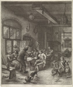 Herbergscène by Anthonie van den Bos, created 1778 - 1838, in paper; etching; mezzotint. Download this artwork as a high-resolution wallpaper for desktop, table — Anthonie van den Bos Wallpaper