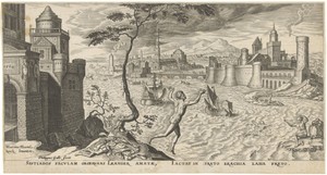 Hero en Leander by Philips Galle, created 1569, in paper; engraving. Download this artwork as a high-resolution wallpaper for desktop, tablet, or mobile. — Philips Galle Wallpaper