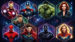 Kolase pahlawan MCU dalam bingkai heksagonal dengan latar belakang kosmik.