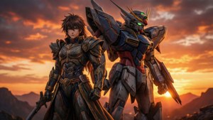 Warrior and Gundam robot silhouetted against a fiery sunset over mountains. — Zechs Merquise Wallpaper