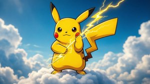 Ein superhelden-thematisiertes Hintergrundbild von Pikachu, das einen Blitz auf einer Wolke hält.