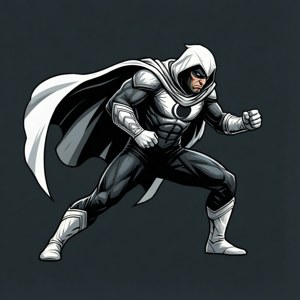 Minimalist Moon Knight in a fighting stance with flowing cape.