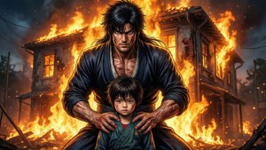 Sanosuke Sagara skyddar heroiskt ett barn framför en brinnande byggnad, serietidningsstil.