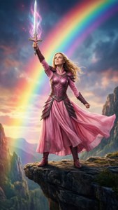 Glinda i en heroisk positur på en klippe med en regnbue, sverdlignende stav, episk filmplakatstil.