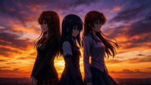 Eeppinen siluettitaustakuva ikonisista KyoAni-hahmoista auringonlaskua vasten.