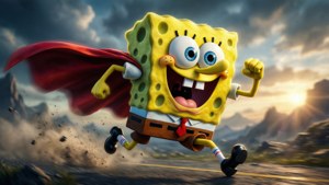 Svampebob Firkant i superheltdrakt løpende med kappe ved solnedgang.