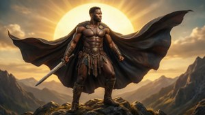 Ritratto epico fantasy di Maurice Smith come guerriero su una montagna