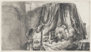 Het ledikant by Rembrandt van Rijn, created 1646, in paper; etching; burijn; drypoint. Download this artwork as a high-resolution wallpaper for desktop, tablet, — Rembrandt van Rijn Wallpaper