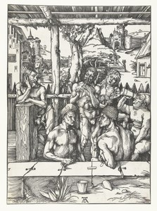 Het mannenbad by Albrecht Dürer, created 1496 - 1497, in paper; houtsnede. Download this artwork as a high-resolution wallpaper for desktop, tablet, or mobile. — Albrecht Dürer Wallpaper