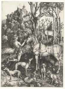 Het visioen van Sint-Eustachius by Albrecht Dürer, created 1499 - 1503, in paper; engraving. Download this artwork as a high-resolution wallpaper for desktop, t — Albrecht Dürer Wallpaper