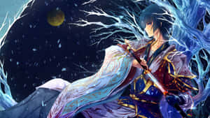 Anime warrior with blue hair and glowing sword standing in icy winter forest at night.