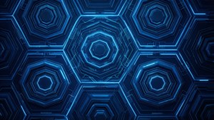 Fond d'écran tech abstrait avec des hexagones bleus et des lignes inspiré de Capsule Corp.