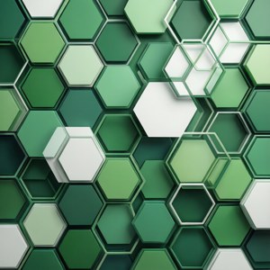 Pola heksagon yang tumpang tindih dalam warna hijau dan putih, desain jaringan terstruktur untuk wallpaper perusahaan.