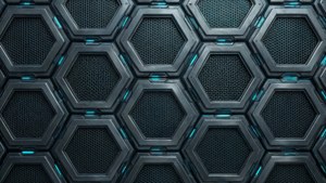 Pola geometris heksagonal pada baju besi adamantium yang disikat