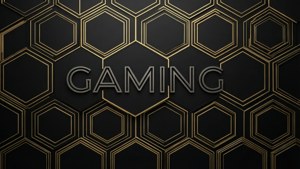 Spanduk geometris modern yang bersih dengan heksagon emas dan hitam serta teks 'GAMING' yang tebal.