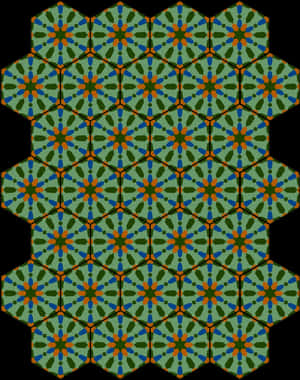 Hexagonaal geometrisch patroon met starburst-motieven in groen, blauw en oranje. — Kunst Achtergronden