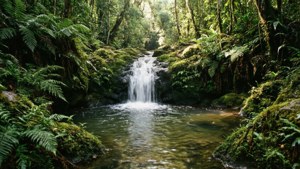 Air terjun tersembunyi yang mengalir ke anak sungai Amazon di lingkungan hutan hujan yang subur.