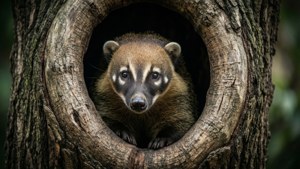 Seekor coati mengintip dari lubang pohon, penasaran dan tersembunyi.