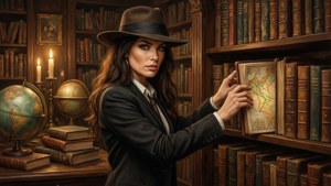 Carmen Sandiego oppdager et skjult kart på et bibliotek.