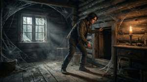 Um personagem em Until Dawn descobrindo um alçapão secreto em uma cabana