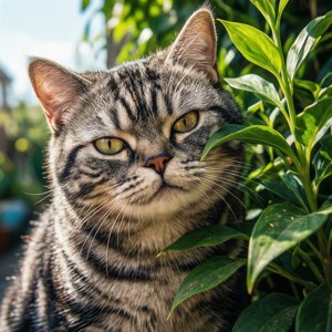 American Shorthair nakal mengintip dari balik tanaman