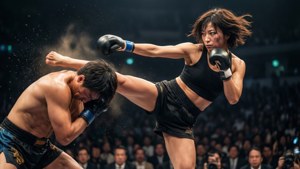 Megumi Fujii päästää irti voimakkaan korkean potkun keskellä taistelua.