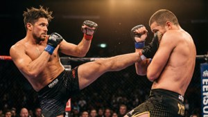 Joseph Benavidez dando um chute alto em uma luta.