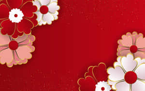 Sfondo rosso con fiori di carta ritagliati in rosso, bianco e rosa con contorni dorati e glitter. — Red Screen Sfondi