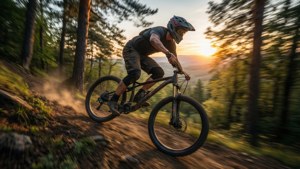 Ciclista bajando a toda velocidad por una colina empinada al atardecer