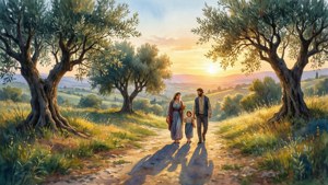 La Sacra Famiglia che cammina lungo un sentiero sul pendio in un tramonto ad acquerello.