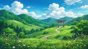 Colinas vibrantes de anime con un camino hacia una puerta torii
