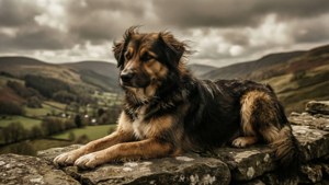Un fond d'écran cinématographique d'un chien de berger couché sur un mur en pierre