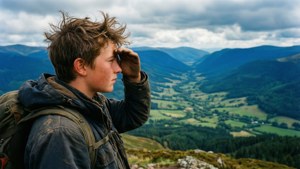 Ragazzo che guarda la valle dalla cima della collina