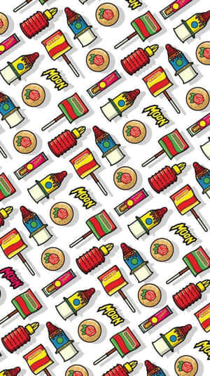 Repeating pattern of lip gloss tubes and rose cookies with comic text. — Hispanic Picture