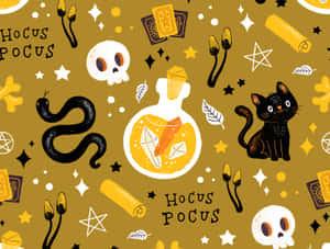 Whimsical witchcraft pattern with black cats snakes skulls and potion bottles.