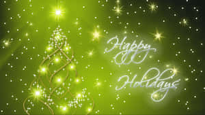 Gyllene trådram-julgran med stjärnor och Happy Holidays-text på grön bakgrund — Abstrakt jul bakgrund Bakgrundsbilder