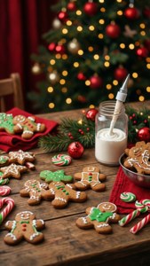 Mesa de manualidades festiva con pan de jengibre y decoraciones navideñas.