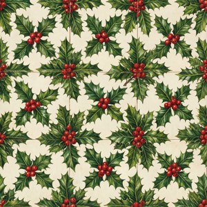 Pola mulus tradisional dengan daun dan buah holly di atas krem, ideal untuk wallpaper.