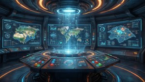 Et futuristisk kontrolrum med holografiske skærme og data