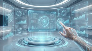 Interfaccia olografica futuristica con pannelli di dati blu fluttuanti
