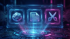 Tampilan holografik futuristik dengan ikon batu, kertas, gunung yang bersinar dalam neon biru dan magenta.