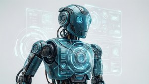 En Vex-robot med et holografisk grensesnitt-overlegg i sci-fi-stil.