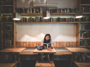 A smiling woman reading a book at a wooden table in a library surrounded by bookshelves. — Home Library Picture