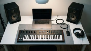 Et rent og minimalistisk tapet af et elektronisk musik hjemmestudie med bærbar computer og MIDI-controller