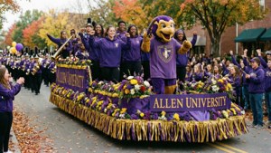 Kendaraan hias ungu dan emas dalam parade homecoming di Allen University dengan mahasiswa bersorak