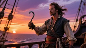 A dramatic portrait of Captain Hook on his ship at sunset.