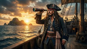 Captain Hook surveys Neverland from his ship at sunset.